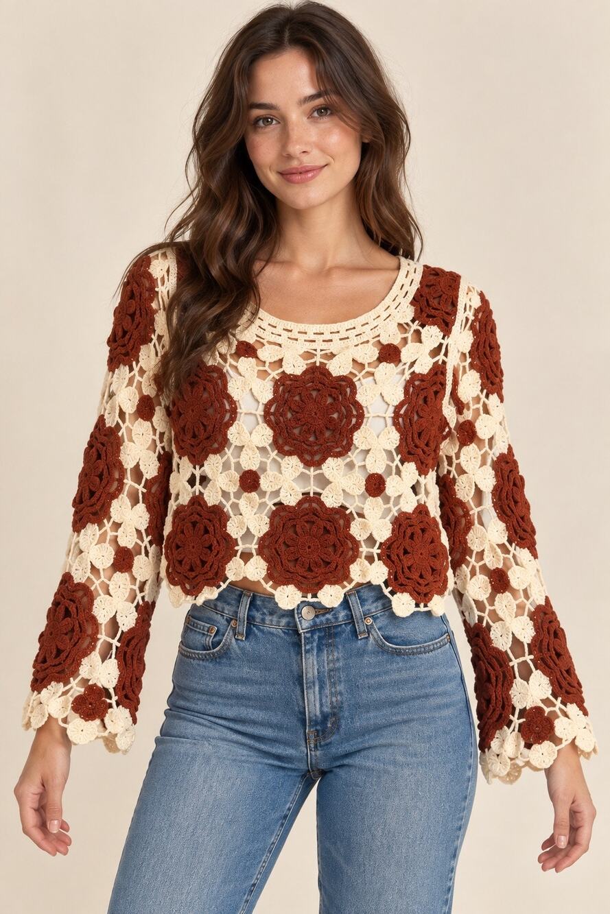 American Flirt Floral Crochet Crop Top Rust Cream Long Sleeve Size Large